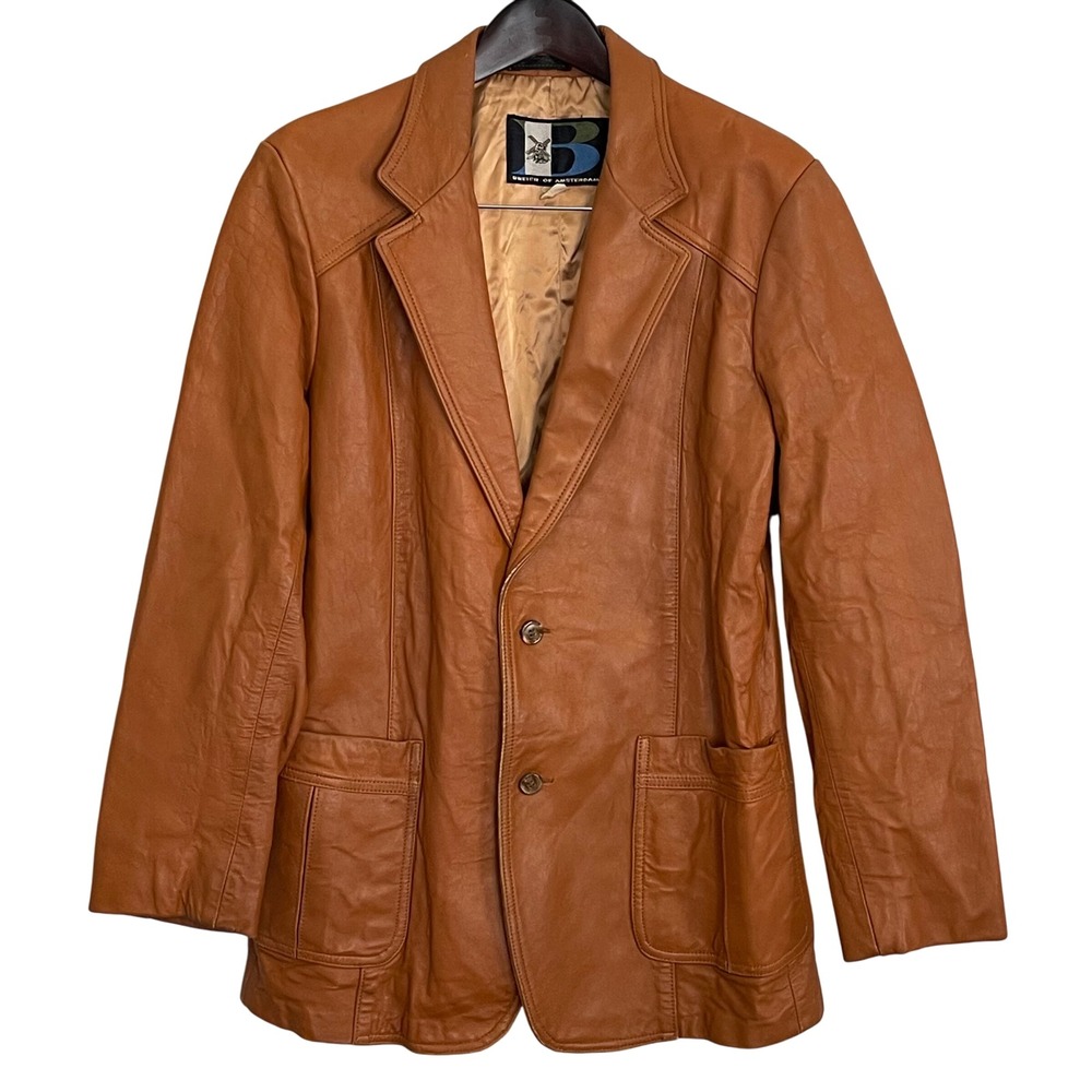 Vintage Breier Amsterdam Men's Brown‎ Leather Blazer Two Button Coat